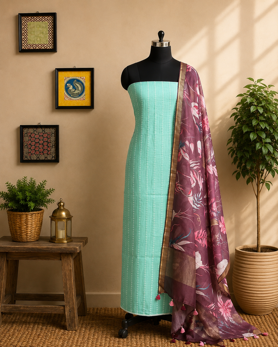Mint Blossom Aqua Floral Salwar Material