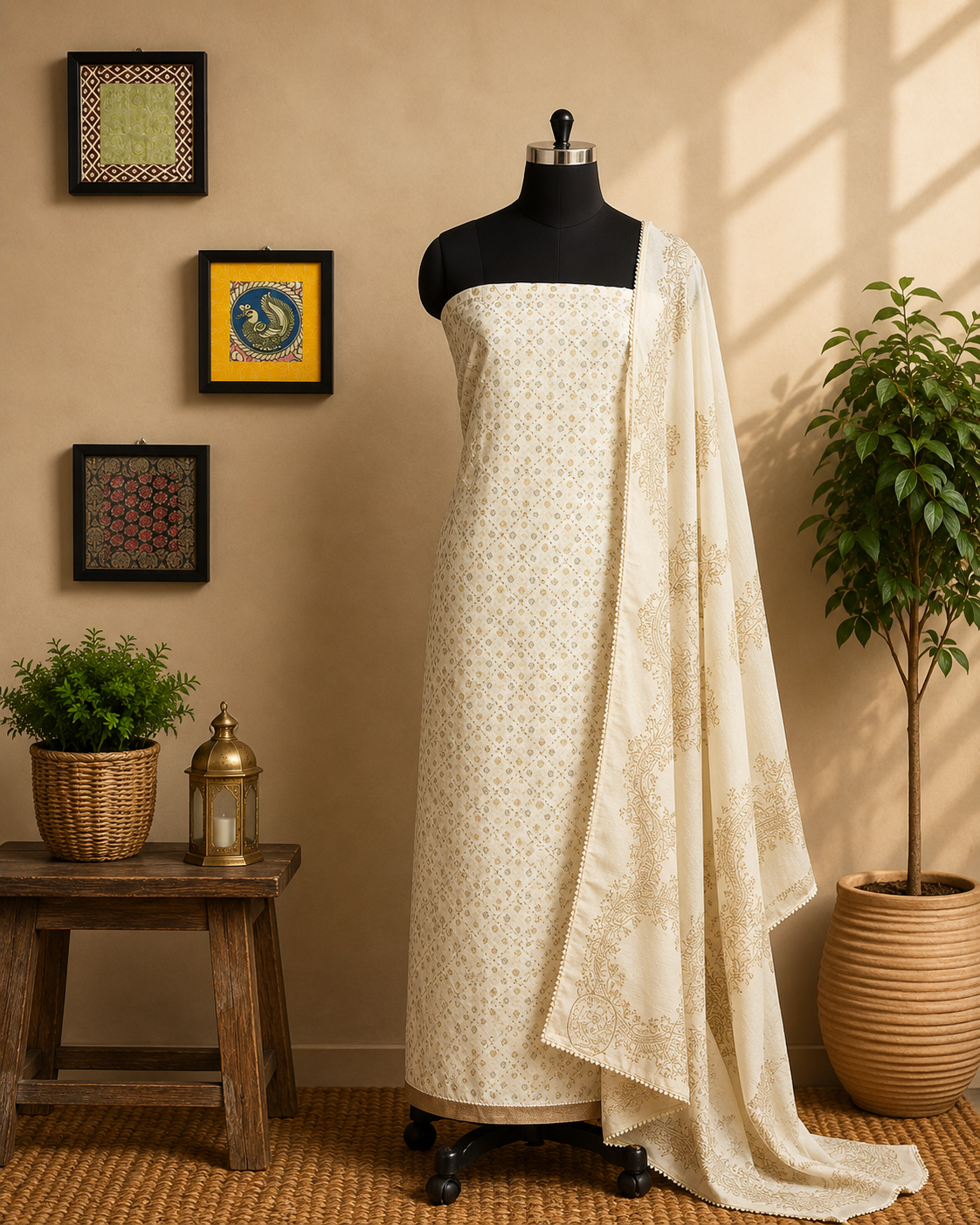Ivory Grace Cream Printed Salwar Material
