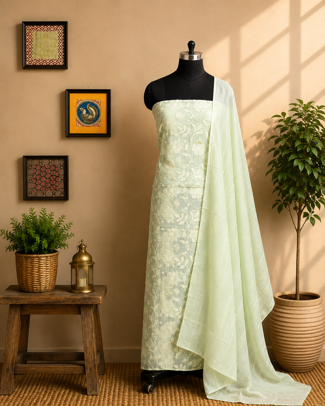 Mint Whisper Green Floral Embroidered Salwar Material