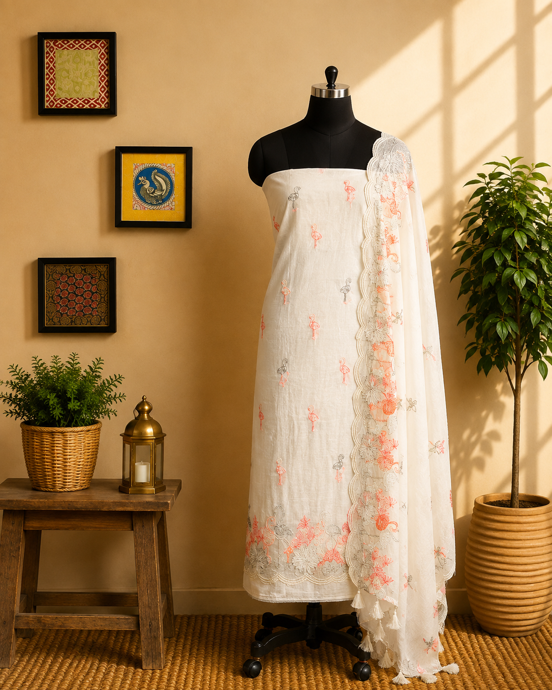 Ivory Flamingo White Embroidered Salwar Set