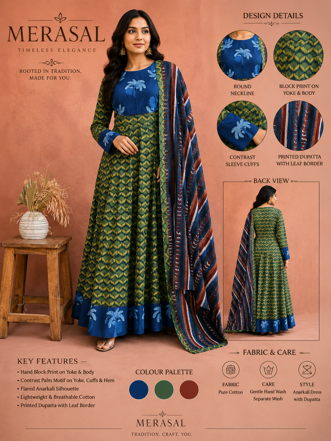 Indigo & Olive Earthsong: Hand Block Printed Flared Anarkali Set