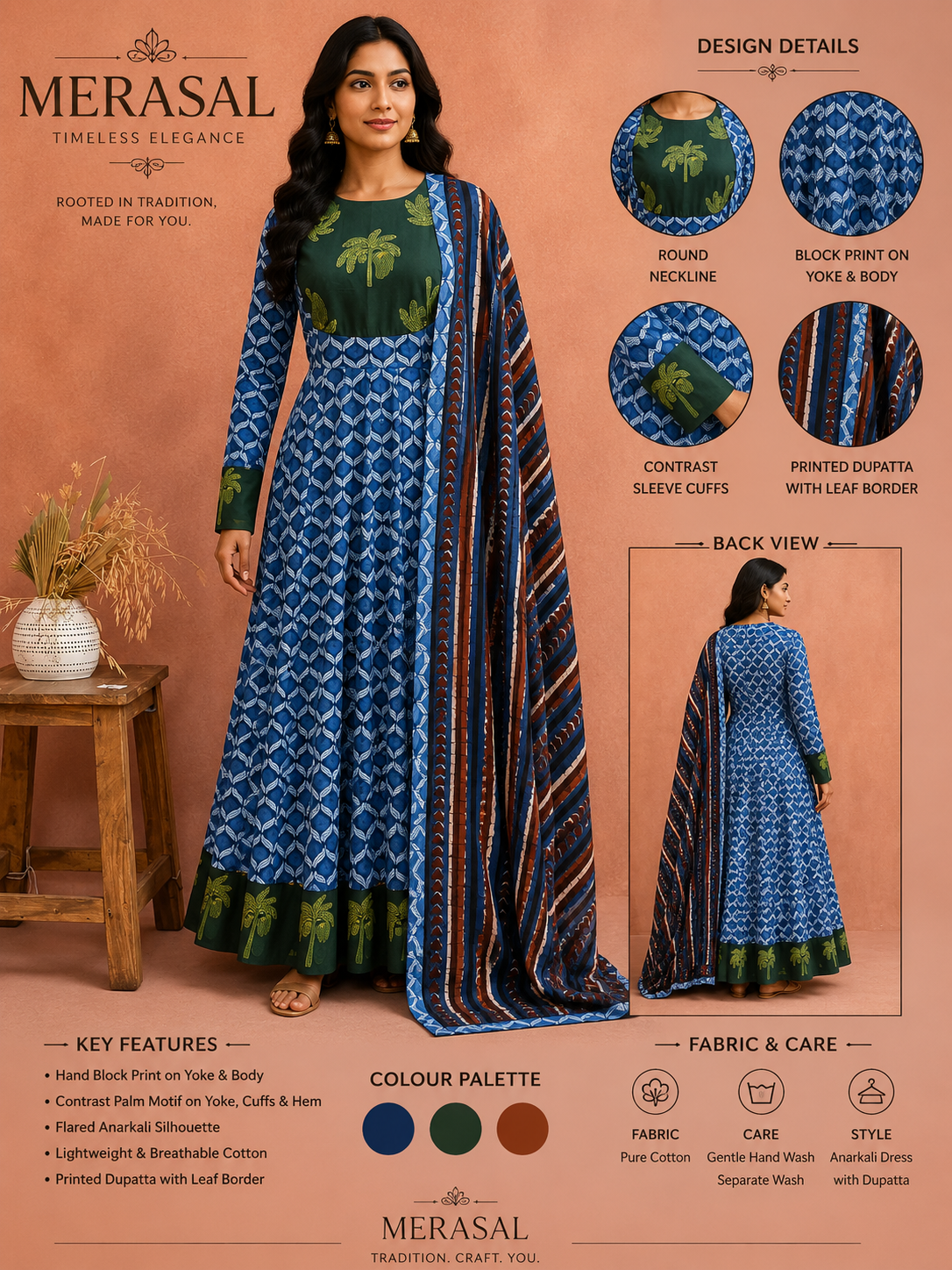 Indigo Breeze: Hand Block Printed Flared Anarkali Set