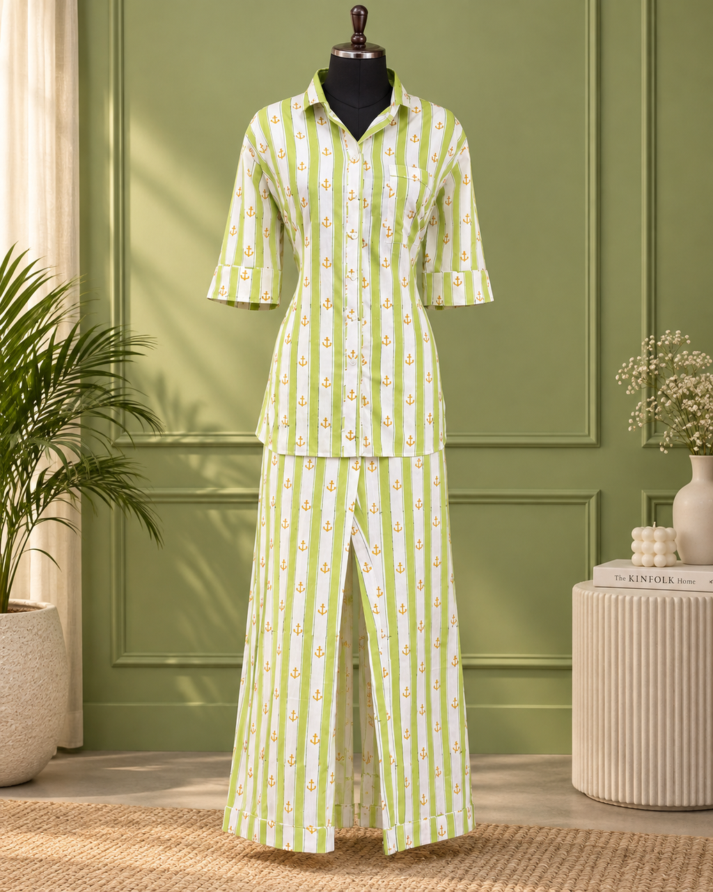 Lime Green & White Striped Anchor Print Set