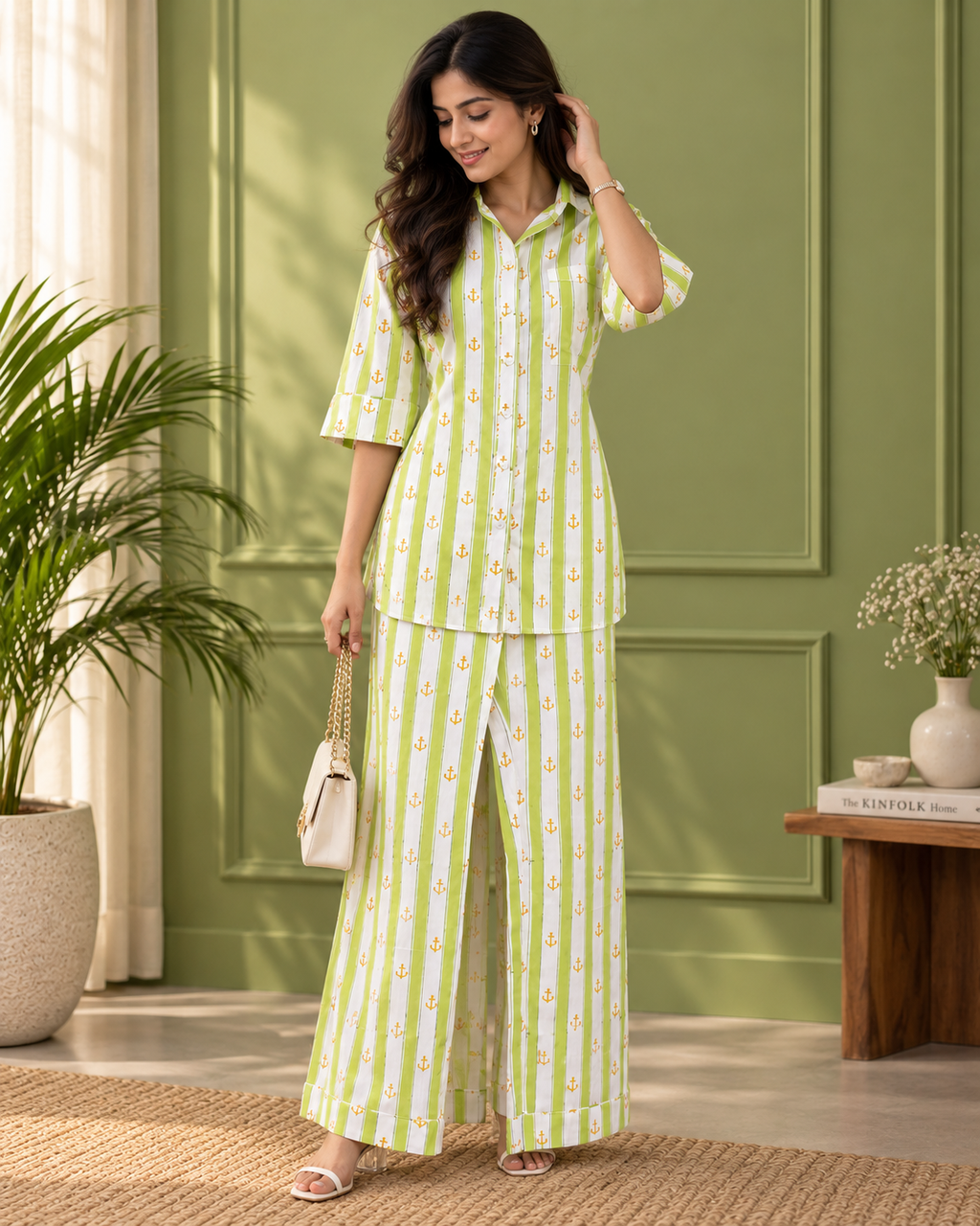 Lime Green & White Striped Anchor Print Set