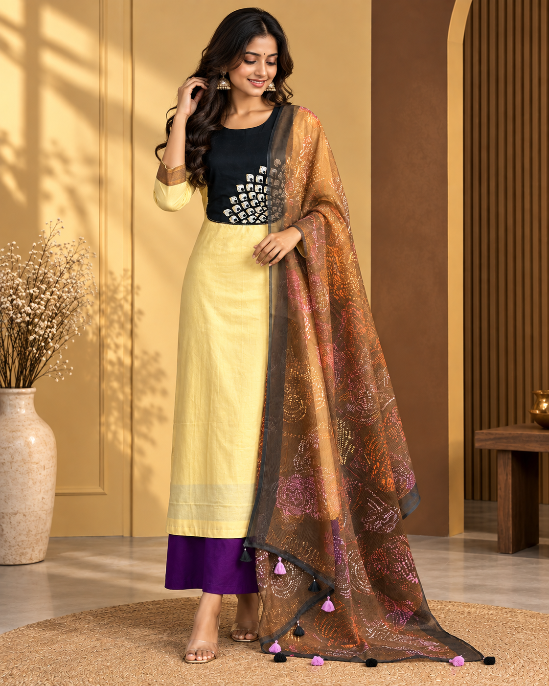 Sunlit Yellow Embellished Set with Printed Organza Dupatta