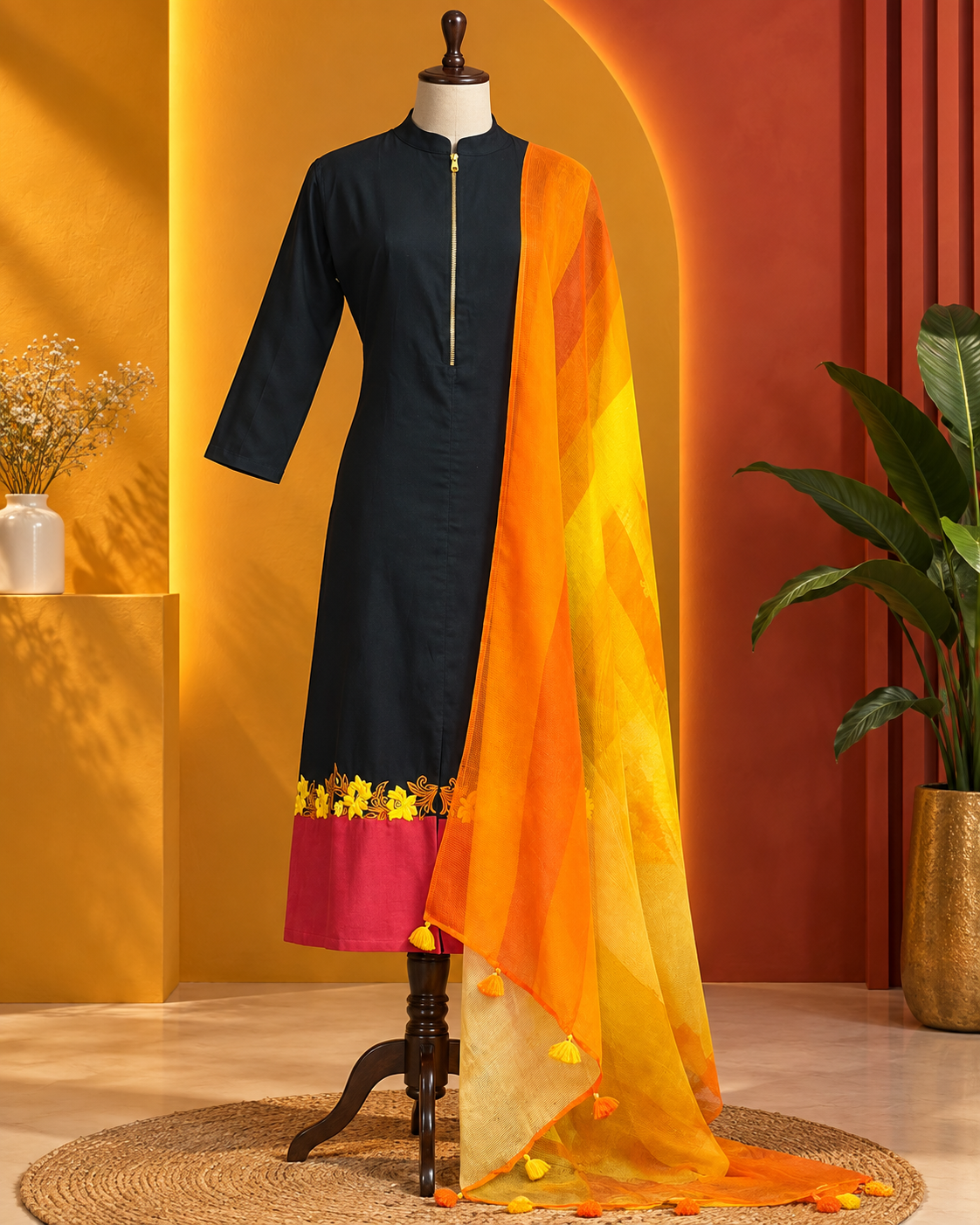 Classic Black Ethnic Set with Orange Gradient Dupatta