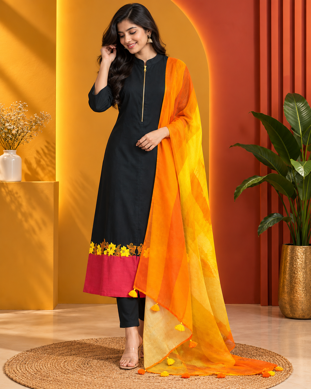 Classic Black Ethnic Set with Orange Gradient Dupatta