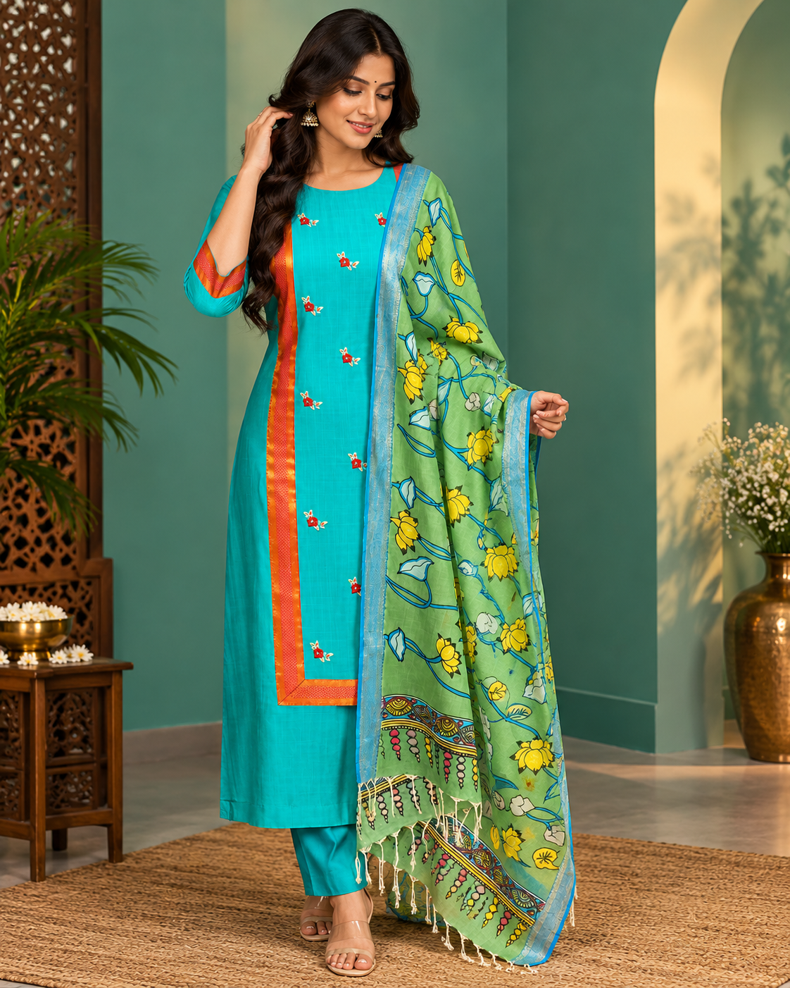 Turquoise Blue Floral Ethnic Set with Green Printed Dupatta
