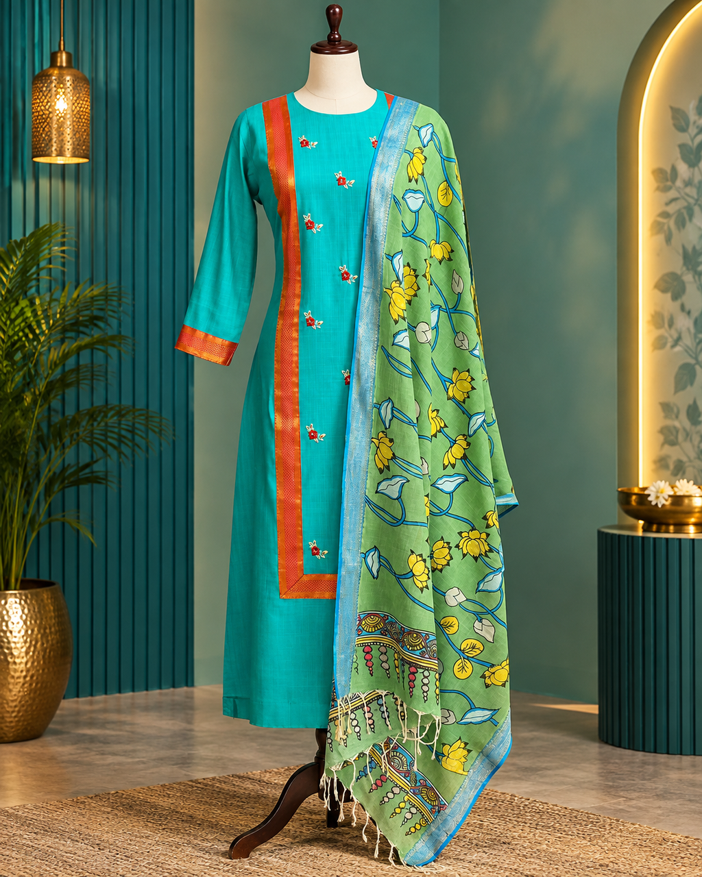 Turquoise Blue Floral Ethnic Set with Green Printed Dupatta