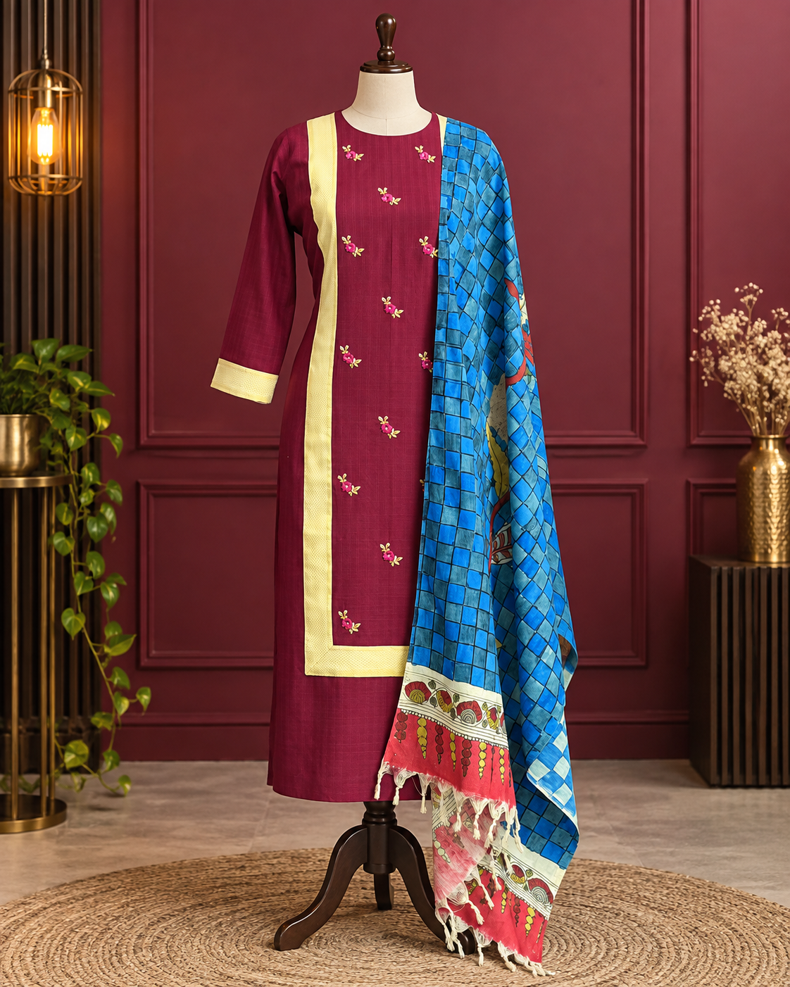 Wine Maroon Ethnic Set with Blue Printed Dupatta