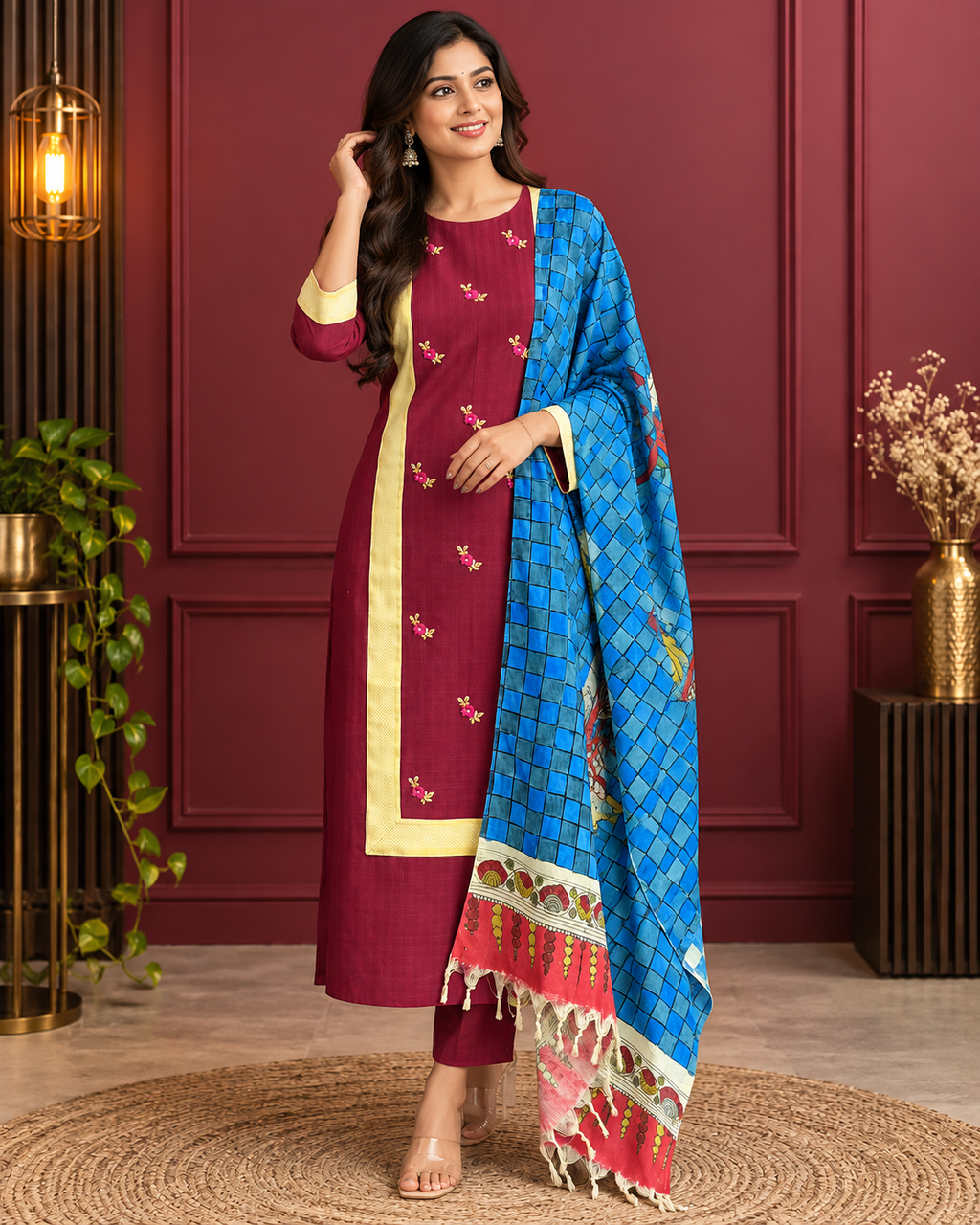 Wine Maroon Ethnic Set with Blue Printed Dupatta