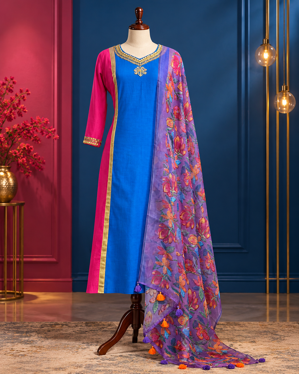 Royal Blue Ethnic Set with Purple Floral Printed Dupatta