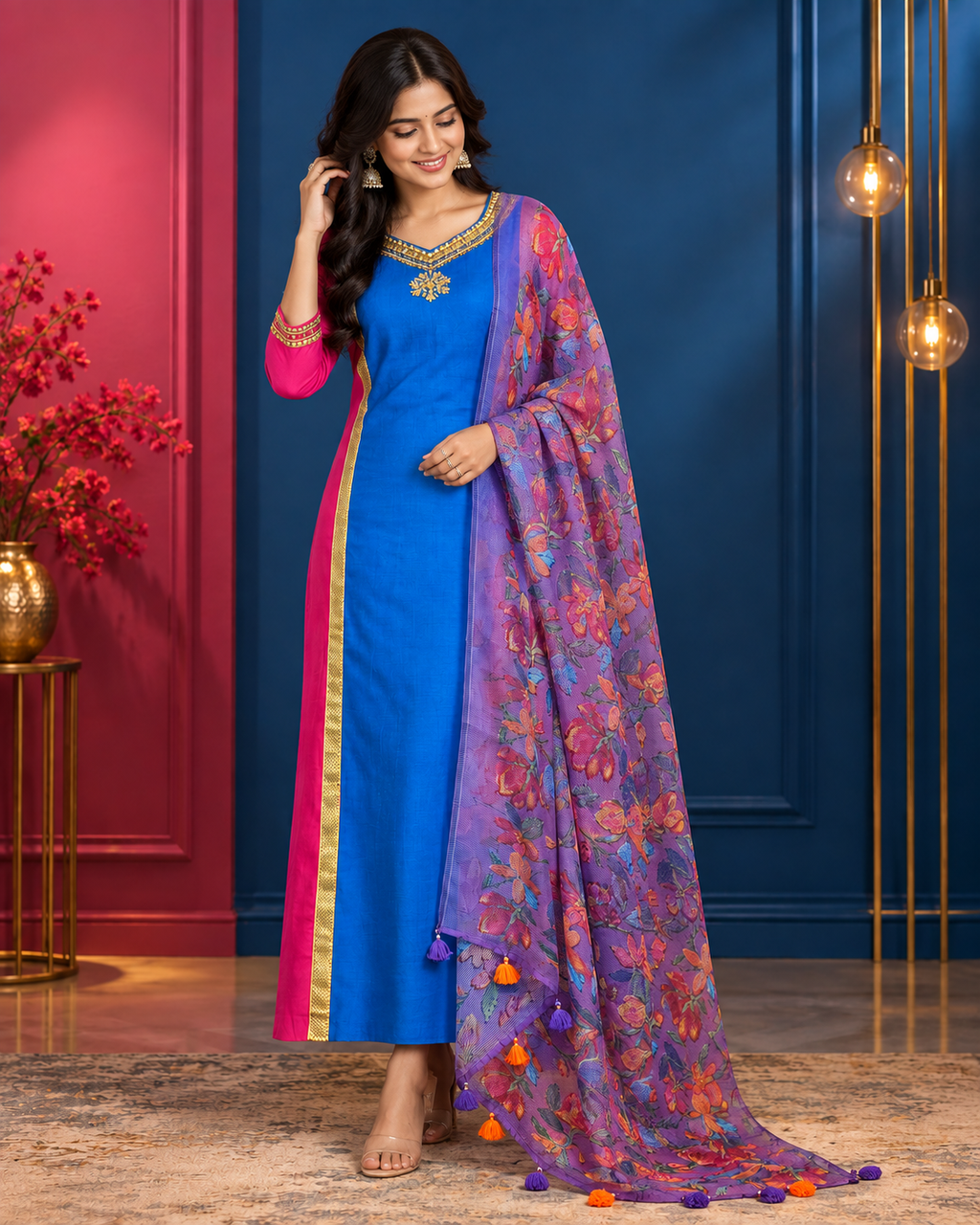 Royal Blue Ethnic Set with Purple Floral Printed Dupatta