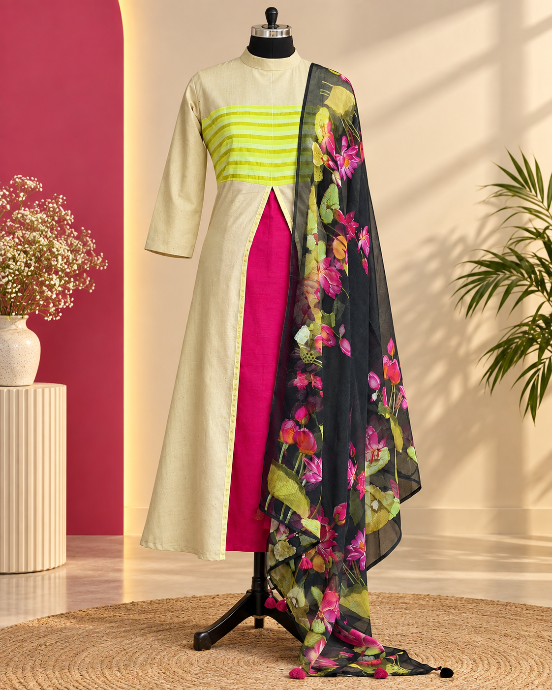 Cream Ethnic Set with Pink Bottom and Black Floral Dupatta
