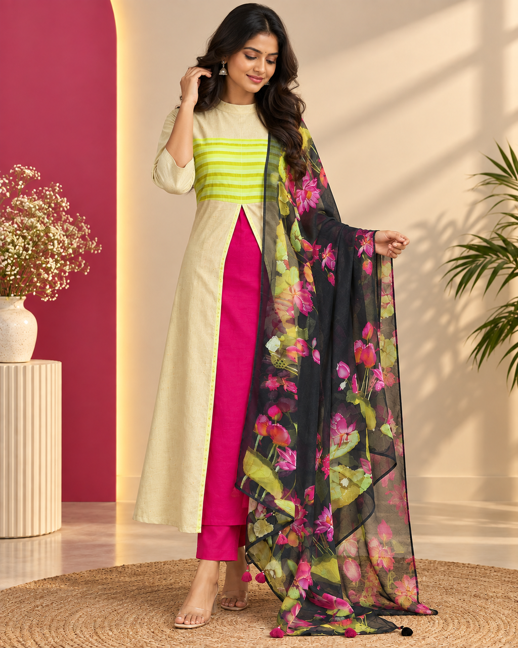 Cream Ethnic Set with Pink Bottom and Black Floral Dupatta