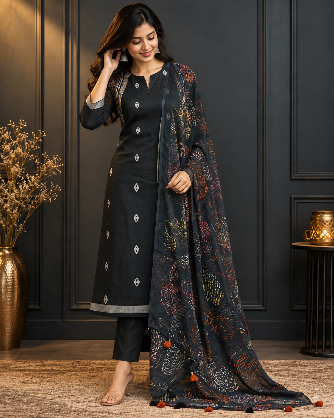 Black Printed Ethnic Set with Multicolour Dupatta