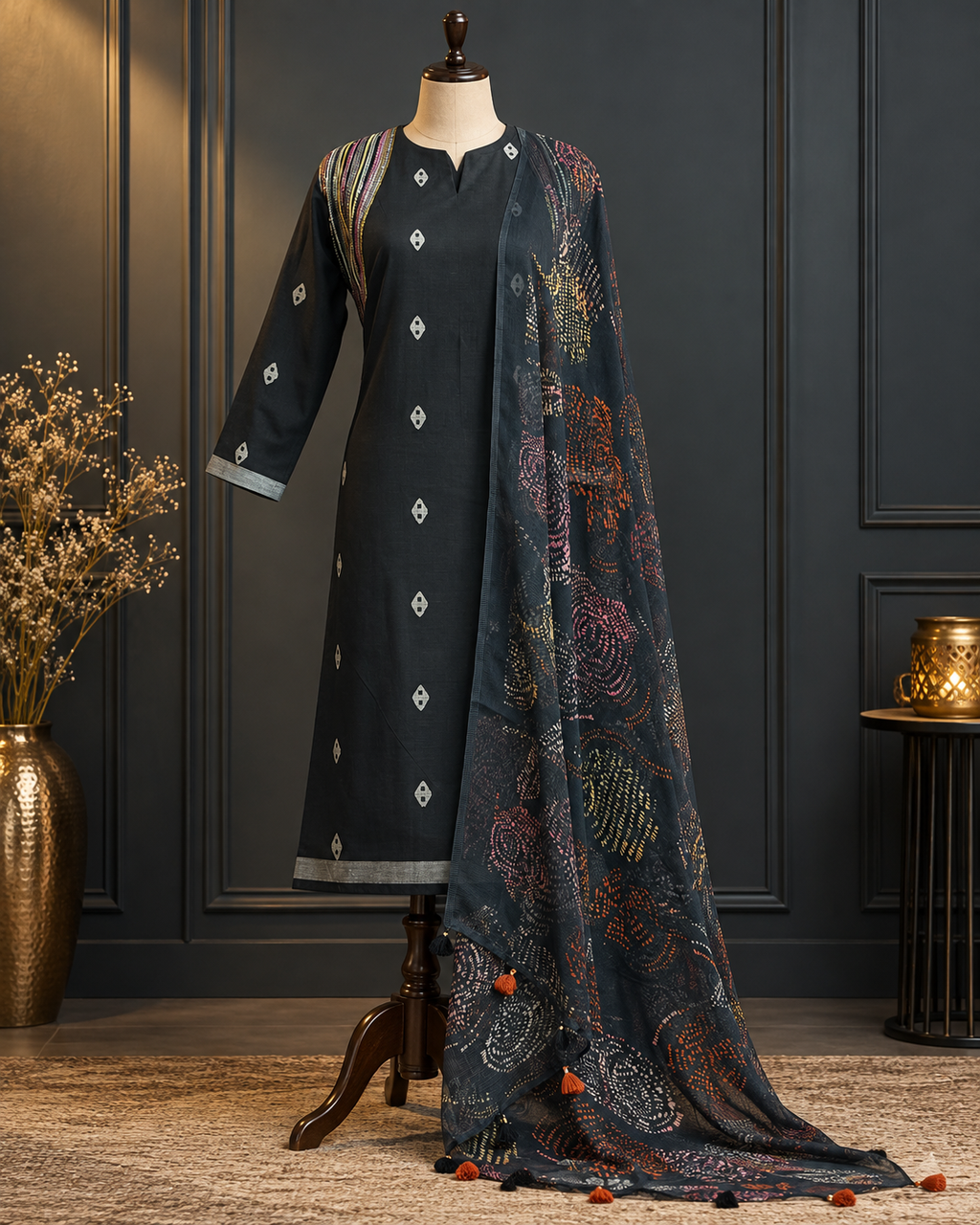 Black Printed Ethnic Set with Multicolour Dupatta