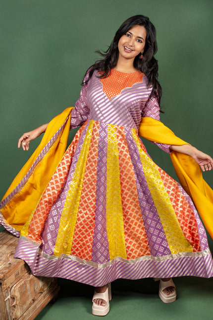 Multicolour Cotton Silk Jacquard Anarkali with Georgette Dupatta