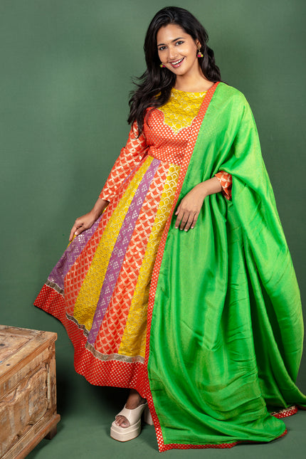 Multicolour Cotton Silk Jacquard Anarkali with Georgette Dupatta