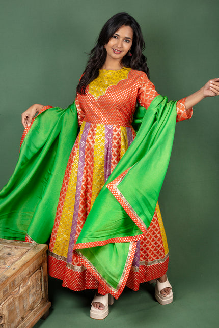 Multicolour Cotton Silk Jacquard Anarkali with Georgette Dupatta