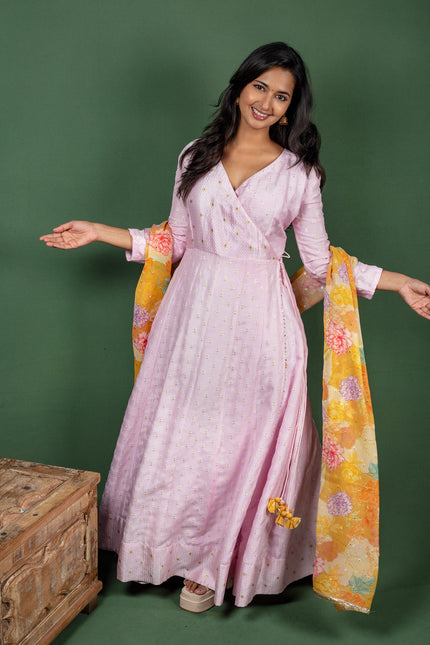 Pink Angrakha Dress with Sequin Embroidered Buttas with Floral Georgette Satin Dupatta