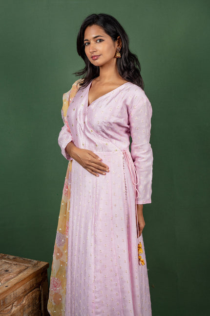 Pink Angrakha Dress with Sequin Embroidered Buttas with Floral Georgette Satin Dupatta
