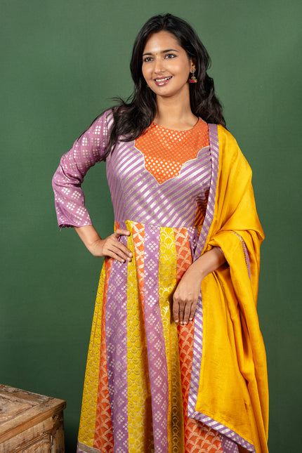Multicolour Cotton Silk Jacquard Anarkali with Georgette Dupatta