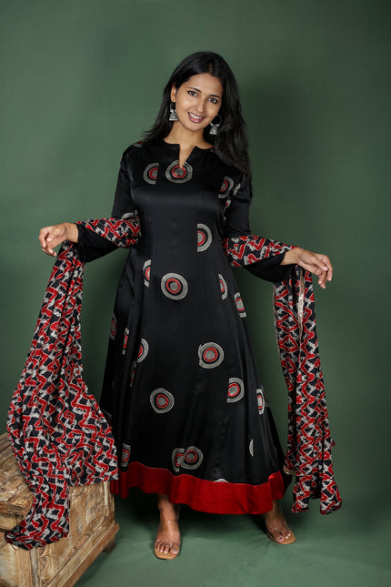Black Modal Satin Ajrakh Anarkali With Dupatta