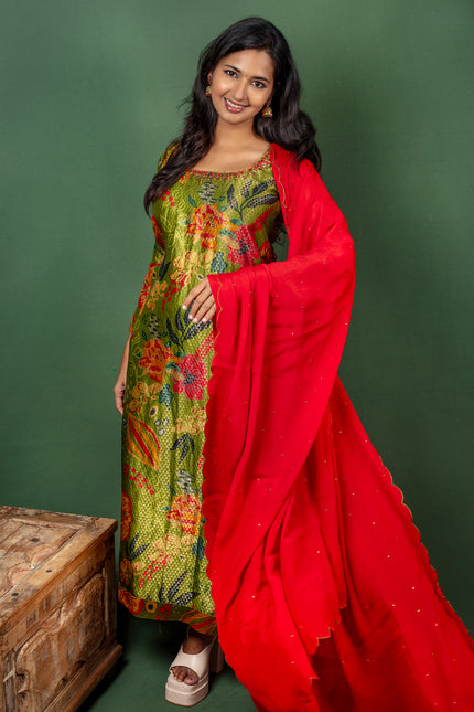 Green Silk Straight Kurtha with Georgette Dupatta