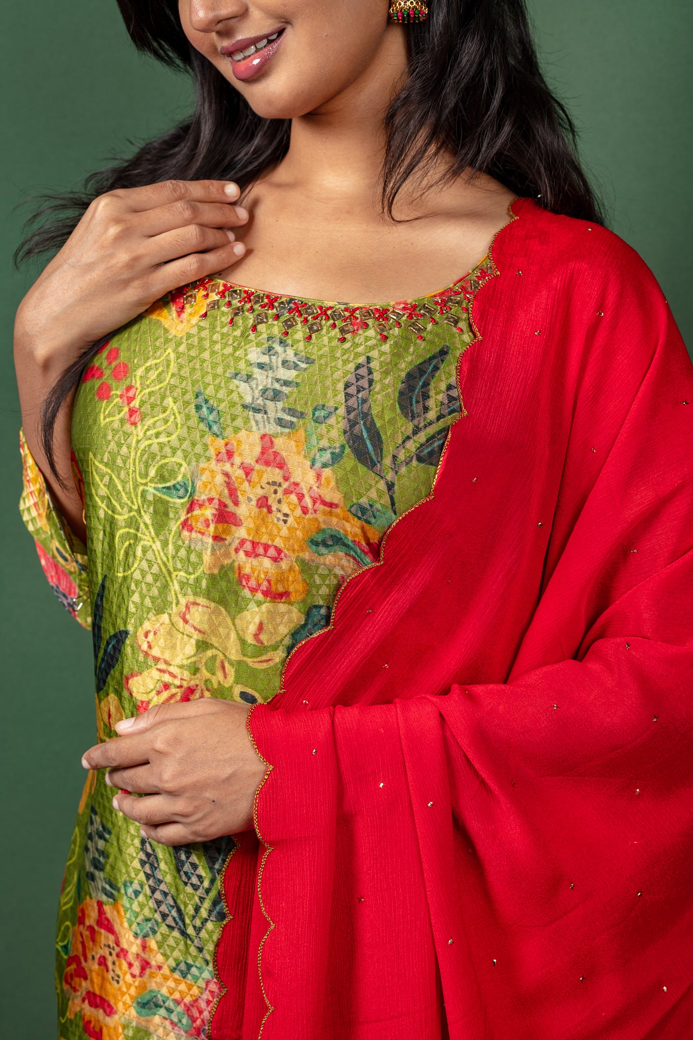 Green Silk Straight Kurtha with Georgette Dupatta
