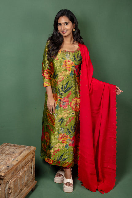 Green Silk Straight Kurtha with Georgette Dupatta
