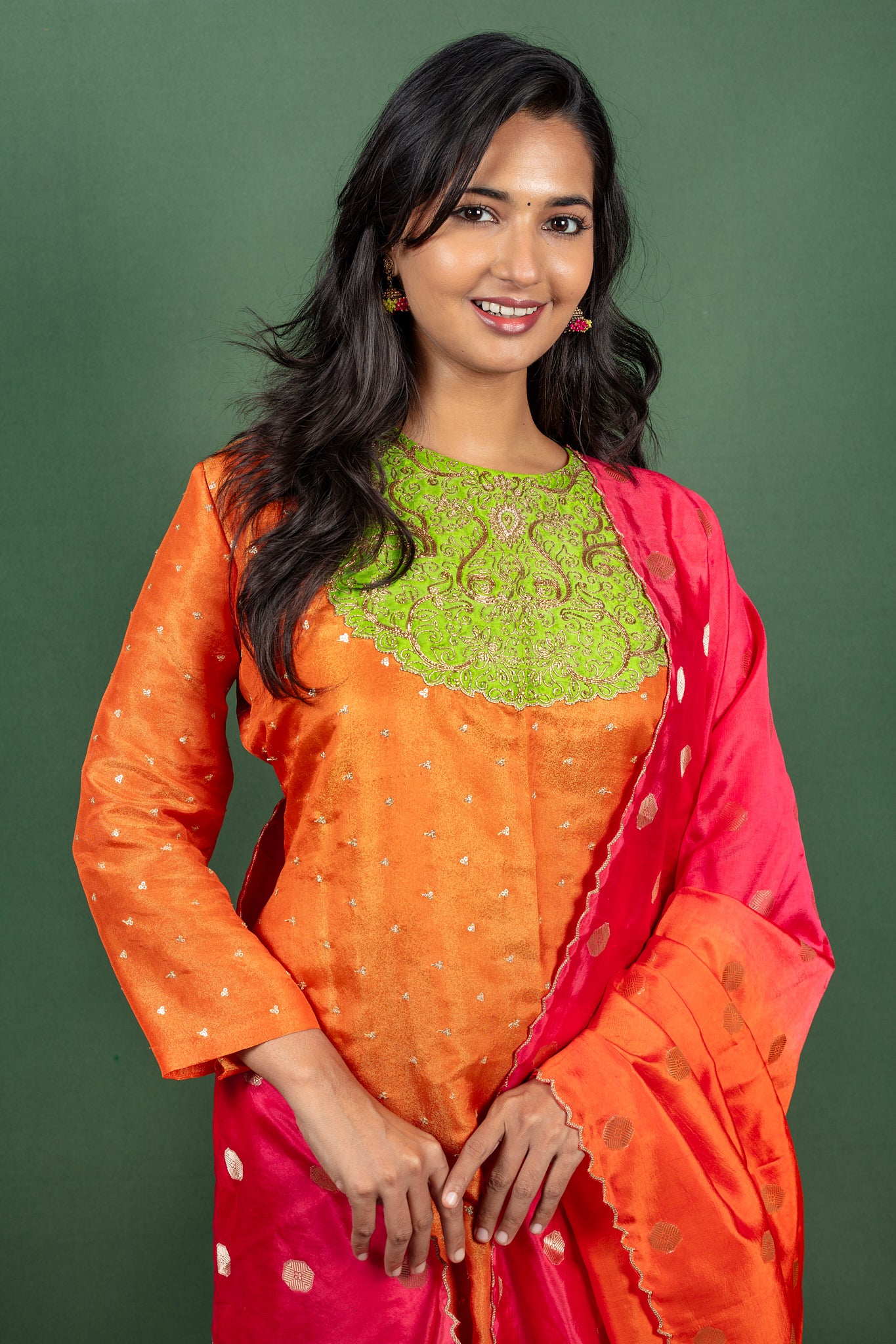 Orange Silk Georgette Kurtha with Yolk Embroidery and Tussare Silk Dupatta