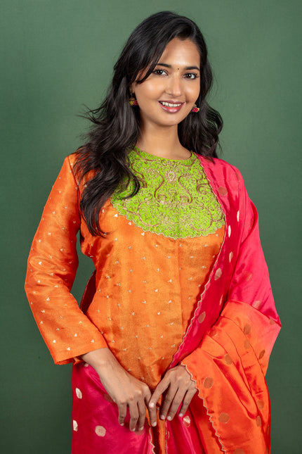 Orange Silk Georgette Kurtha with Yolk Embroidery and Tussare Silk Dupatta