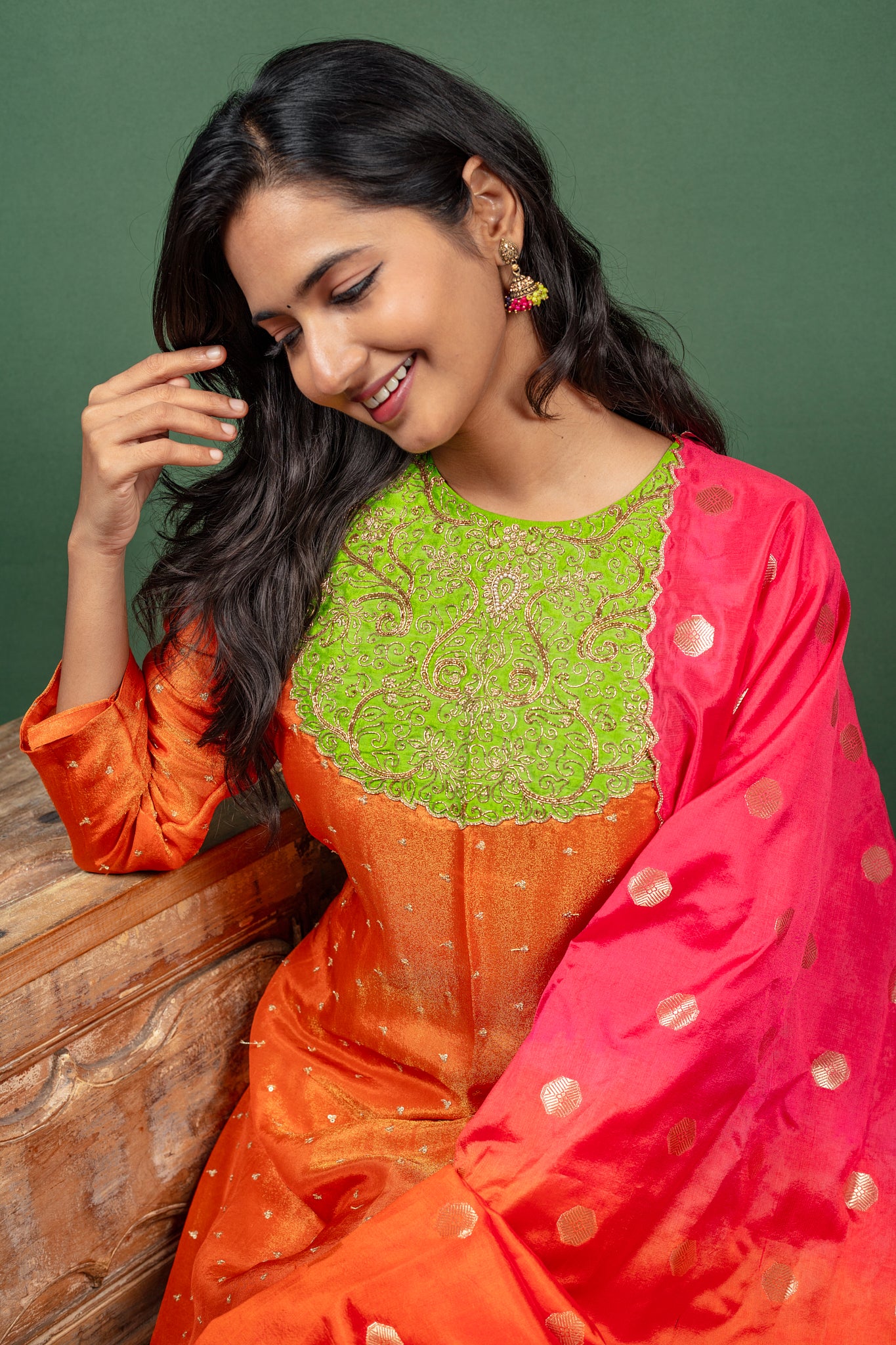 Orange Silk Georgette Kurtha with Yolk Embroidery and Tussare Silk Dupatta