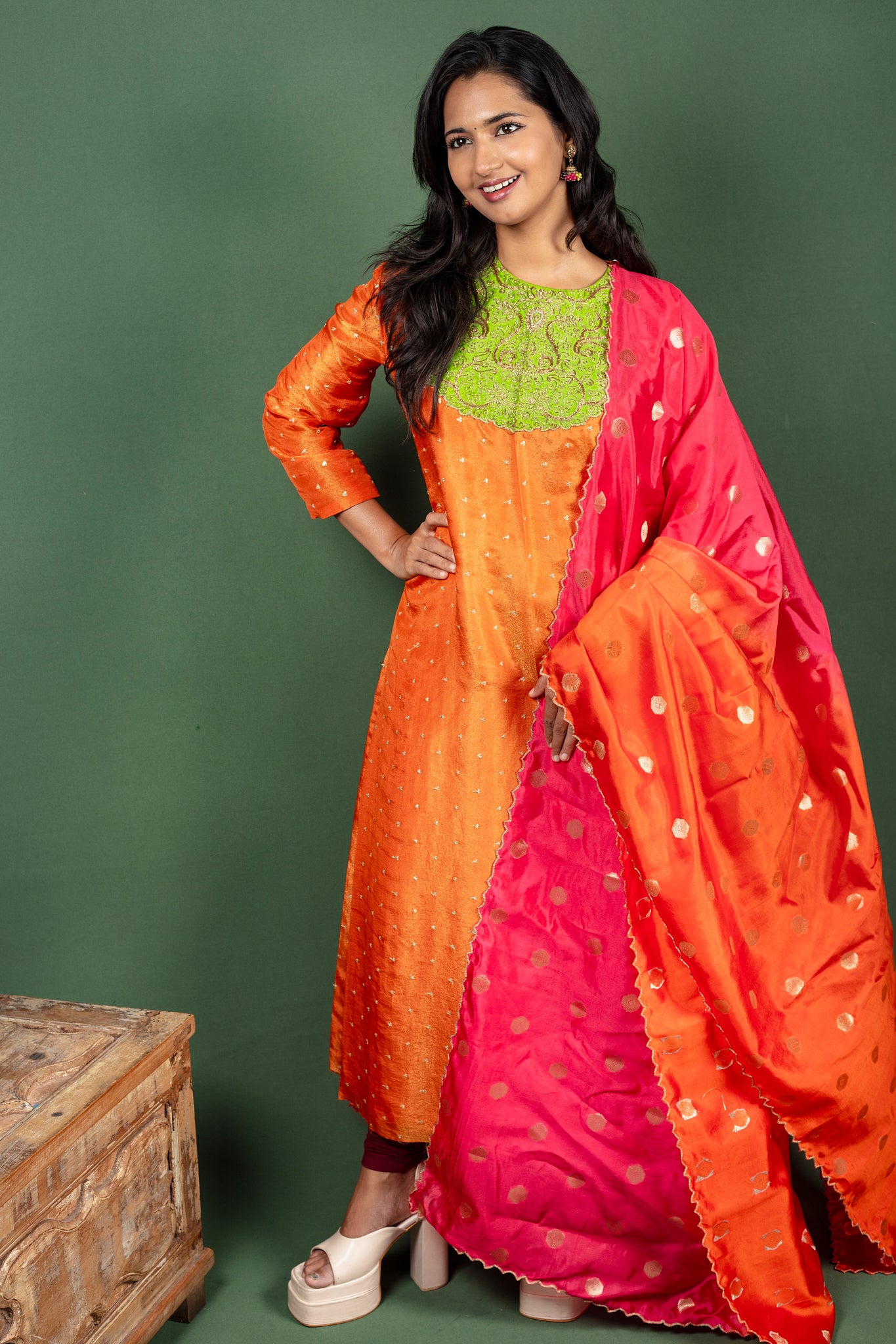 Orange Silk Georgette Kurtha with Yolk Embroidery and Tussare Silk Dupatta