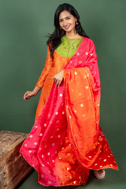 Orange Silk Georgette Kurtha with Yolk Embroidery and Tussare Silk Dupatta