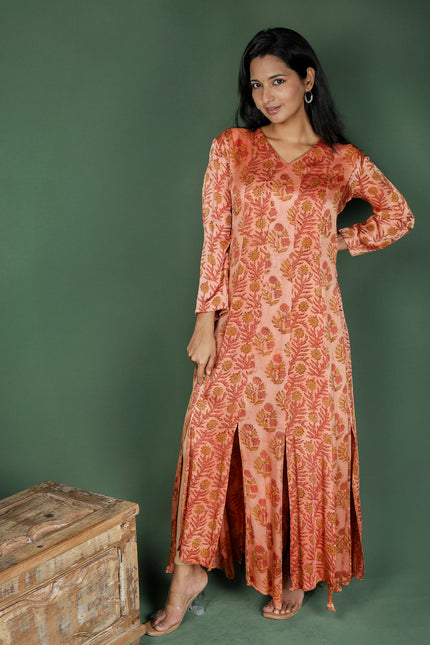 Peach Modal Satin Ajrakh Dress