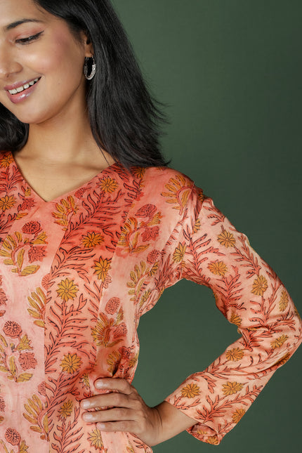 Peach Modal Satin Ajrakh Dress