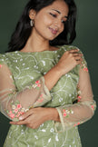 Olive Green Organza Self Embroidered Straight Cut Kurta With Dupatta
