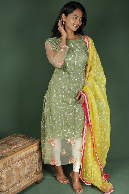 Olive Green Organza Self Embroidered Straight Cut Kurta With Dupatta