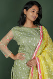 Olive Green Organza Self Embroidered Straight Cut Kurta With Dupatta