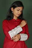 Red Cotton Cowl Dress With Contrast Mirror Detailed Sleeves