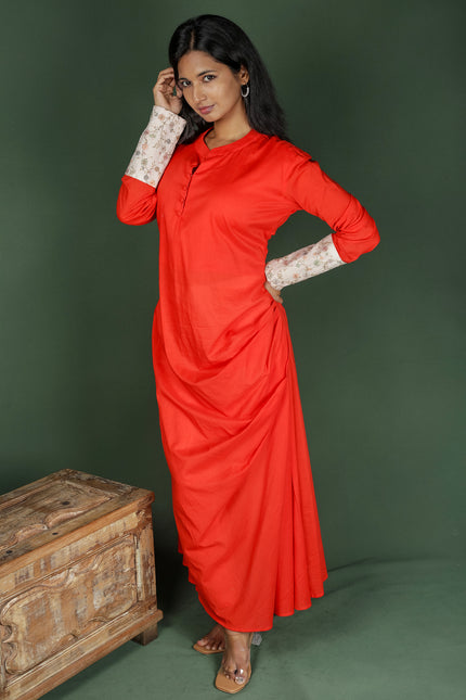 Orange Cotton Cowl Dress With Contrast Mirror Detailed Sleeves