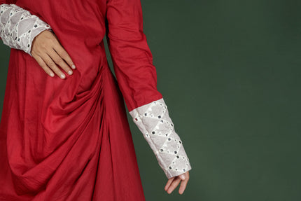 Red Cotton Cowl Dress With Contrast Mirror Detailed Sleeves