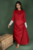 Red Cotton Cowl Dress With Contrast Mirror Detailed Sleeves