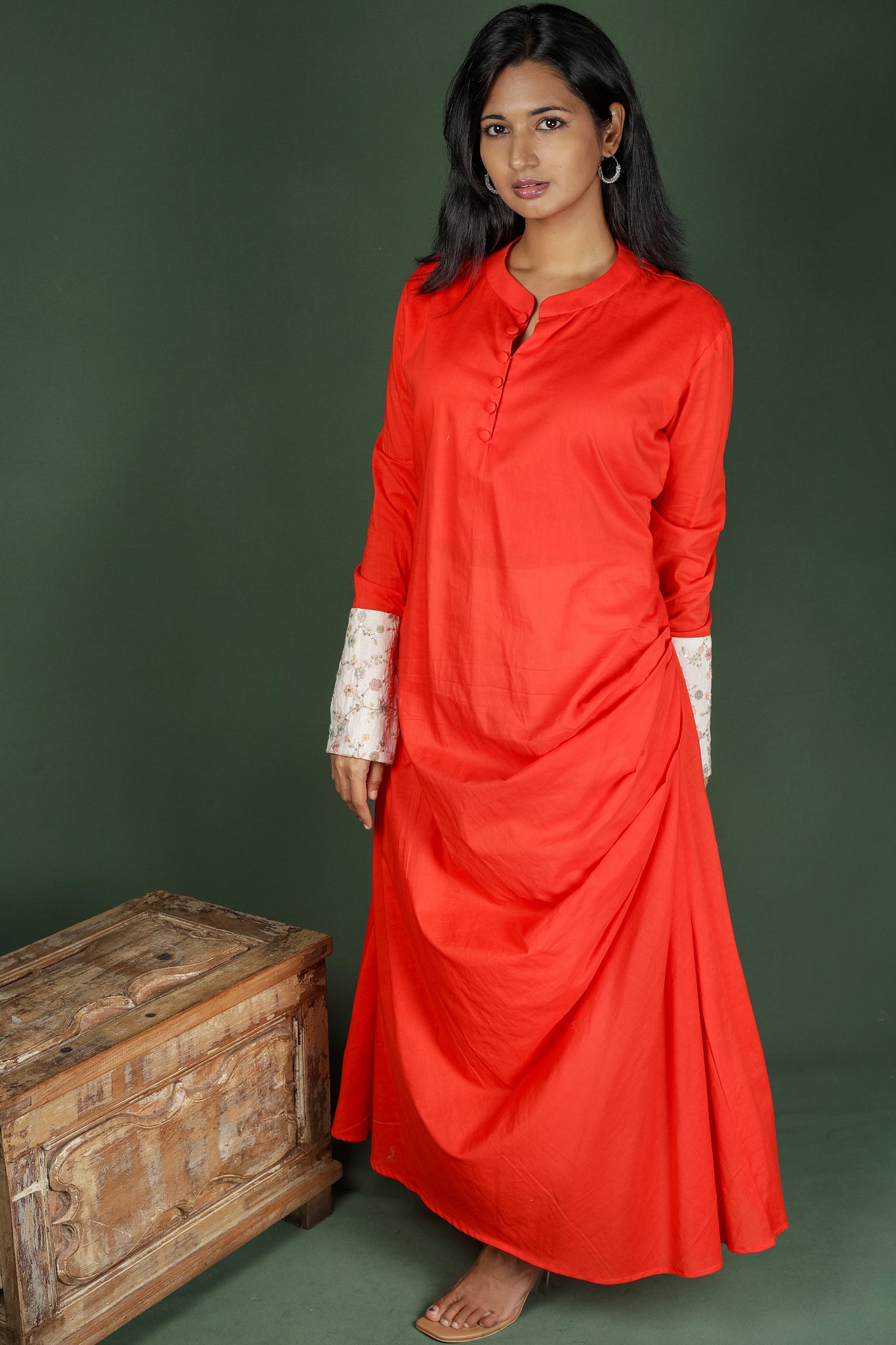 Orange Cotton Cowl Dress With Contrast Mirror Detailed Sleeves