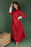 Red Cotton Cowl Dress With Contrast Mirror Detailed Sleeves