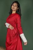 Red Cotton Cowl Dress With Contrast Mirror Detailed Sleeves