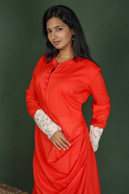 Orange Cotton Cowl Dress With Contrast Mirror Detailed Sleeves