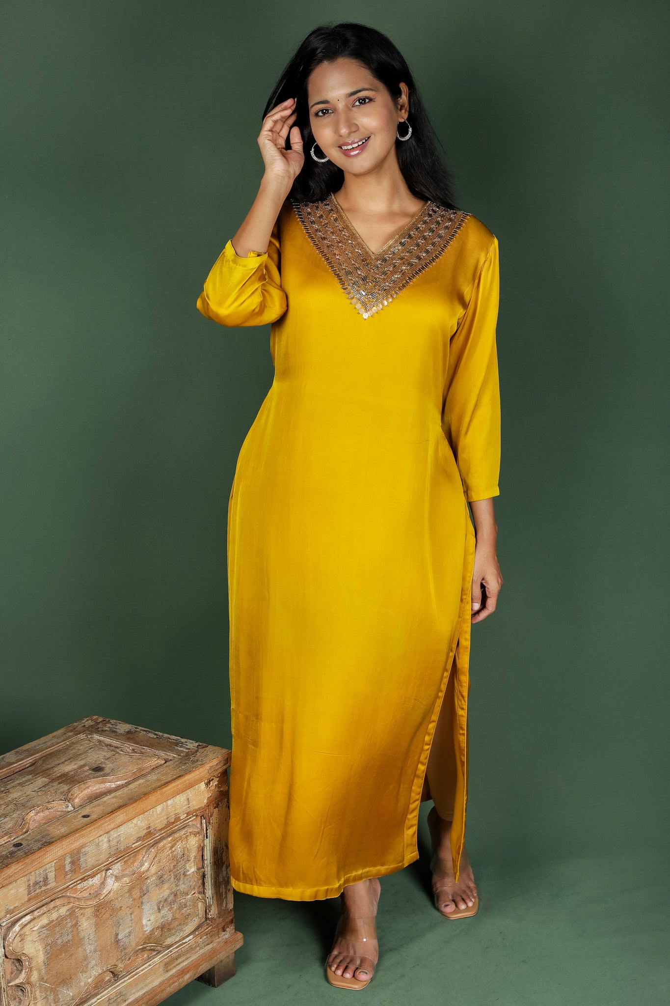 Mustard Modal Satin Kurta with Metal Embroidery